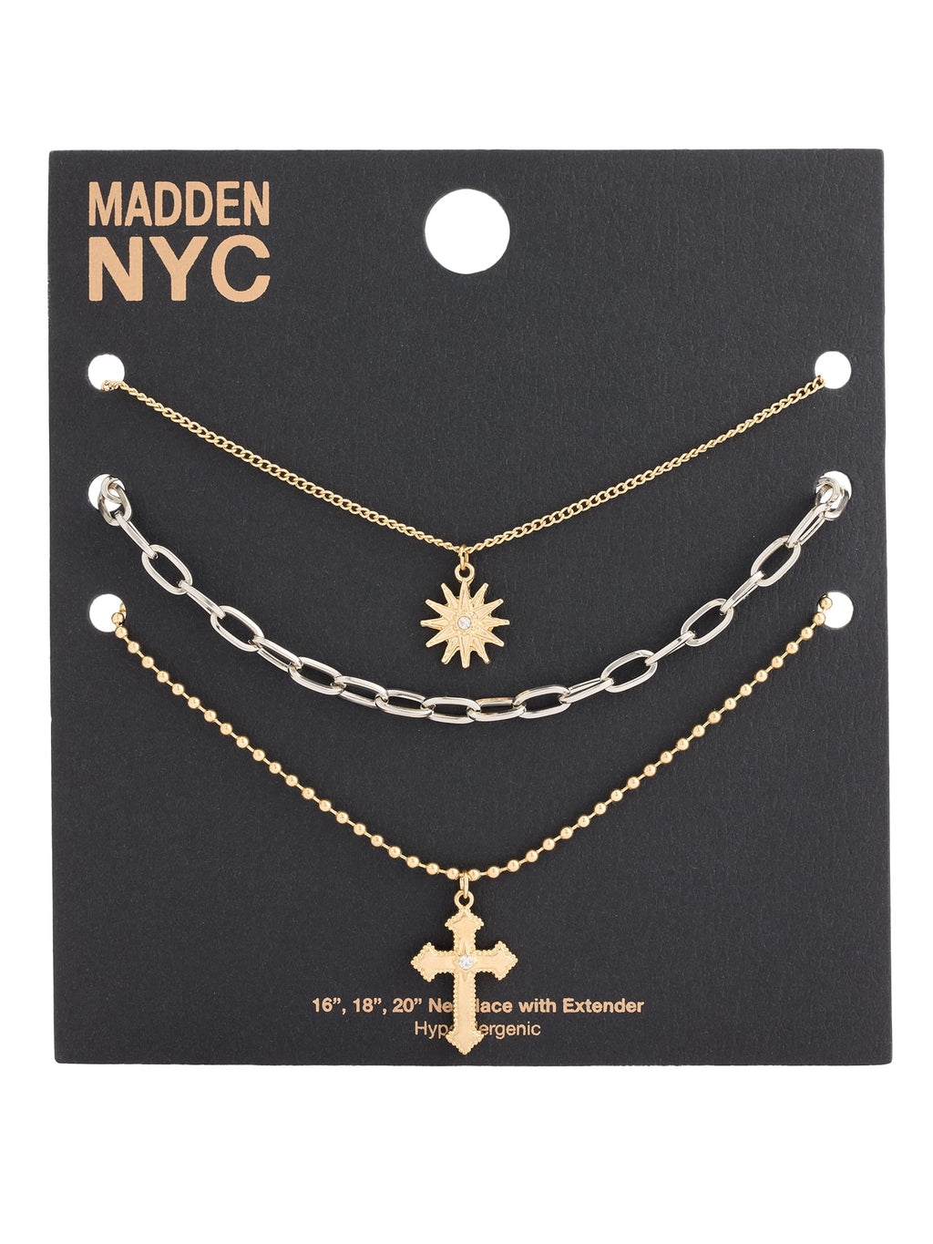 Madden NYC Women's Fashion Gold Tone Cross Pendant Necklace Set, 3-Piece