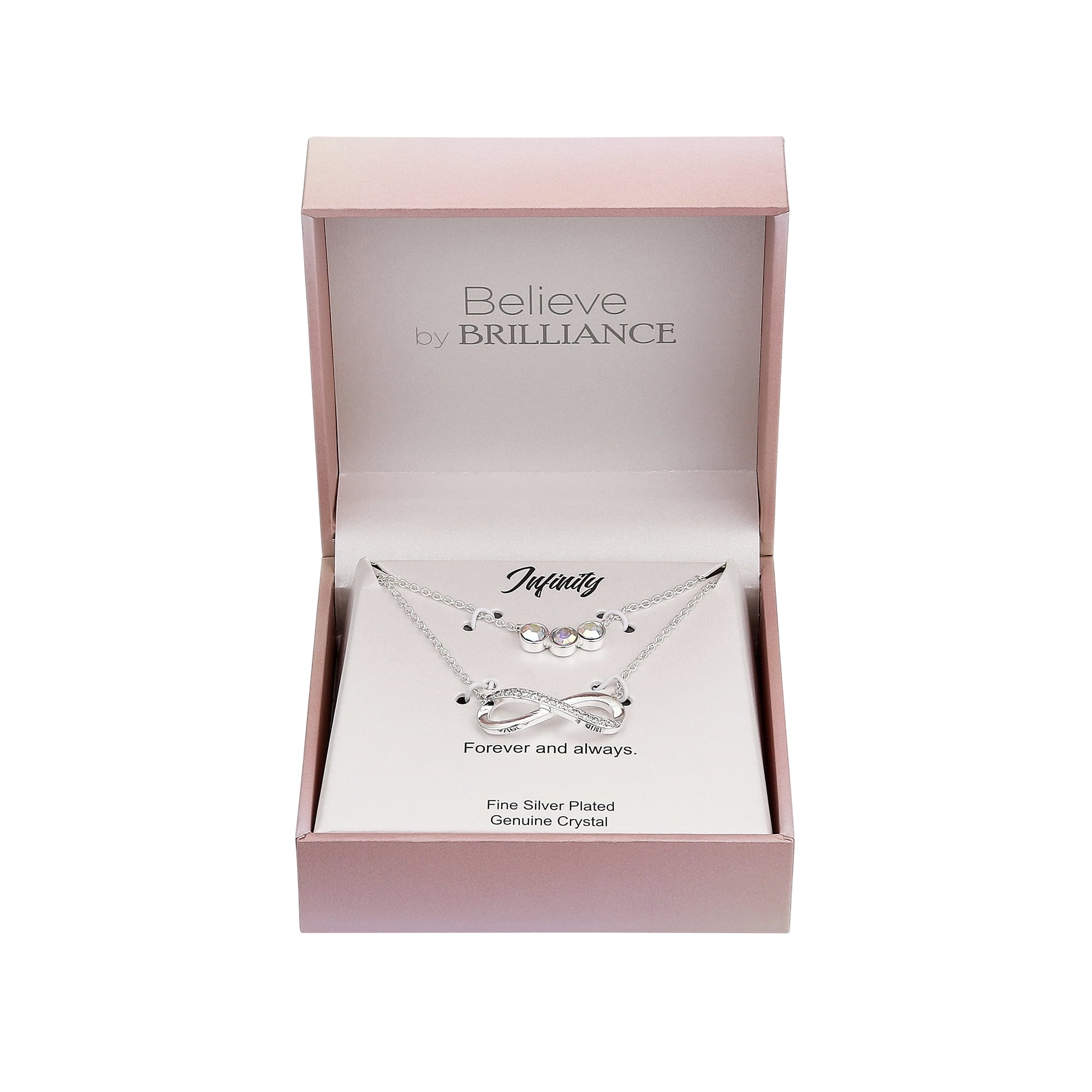 Believe by Brilliance Women's Fine Silver Plated Cubic Zirconia Infinity and Arora Boralis Triple Crystal Necklace Set, 16+2" & 18+2" Extender