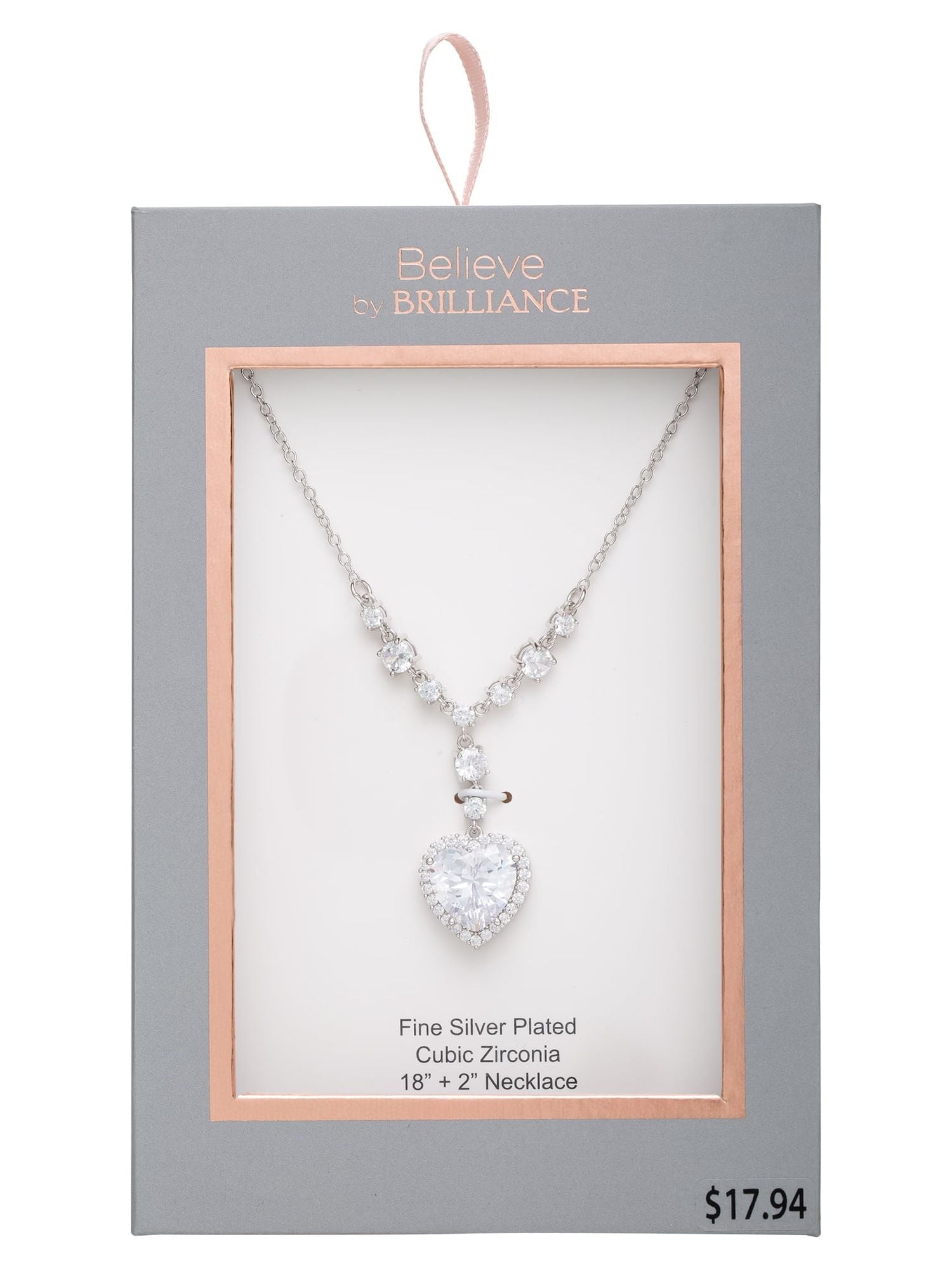 Believe by Brilliance- Women's Silver Plated Cubic Zirconia Heart Pendant Necklace, 18"
